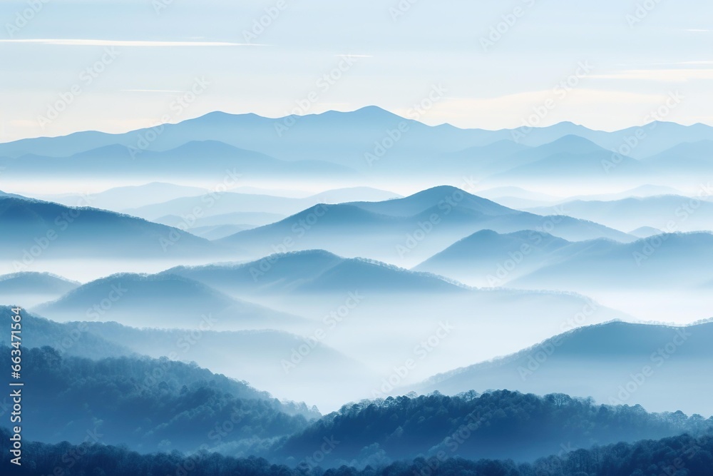 Layered mountain ranges softened by early morning fog