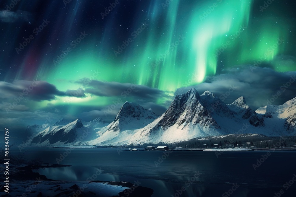 Northern Lights shimmering over a snow-covered mountain range