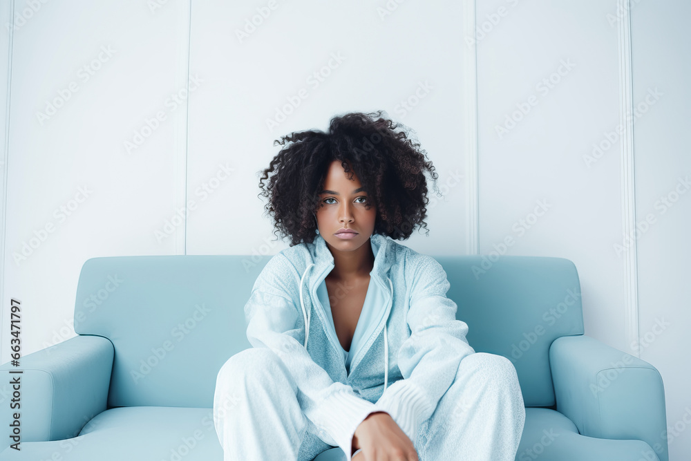 Sad depressed African American woman sitting in pajamas on sofa at home Sad depressed African American woman sitting in pajamas on sofa at home
