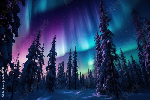 Northern Lights shimmering over a snow-covered pine forest