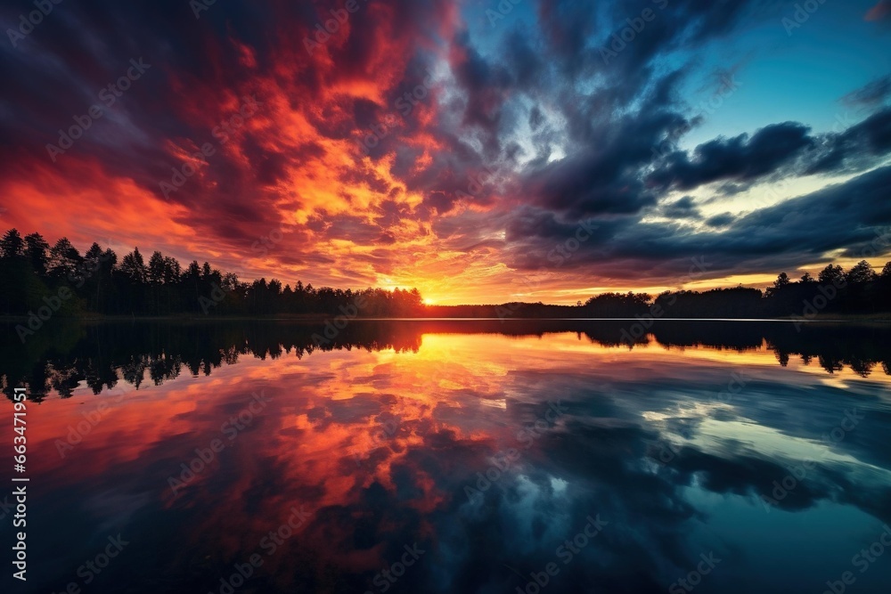Reflection of a dramatic sunset on the glassy surface of a lake
