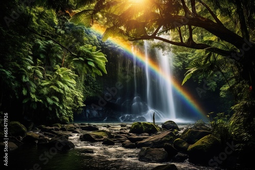 Rainbow arching over a waterfall surrounded by lush foliage