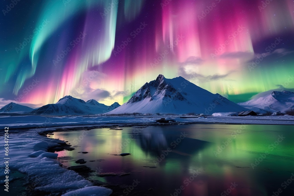 Streaks of multicolored northern lights over a snowy mountain range