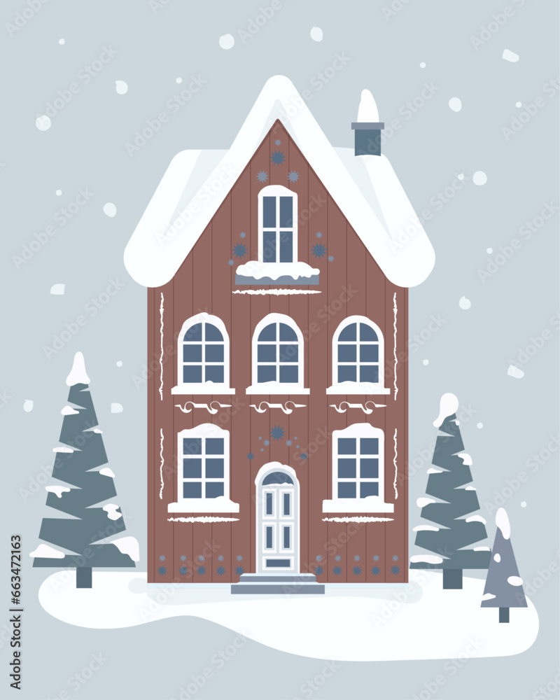 Cozy winter houses in Scandinavian style. Editable vector illustration for Christmas invitation, card and website banner. Scandinavian architecture