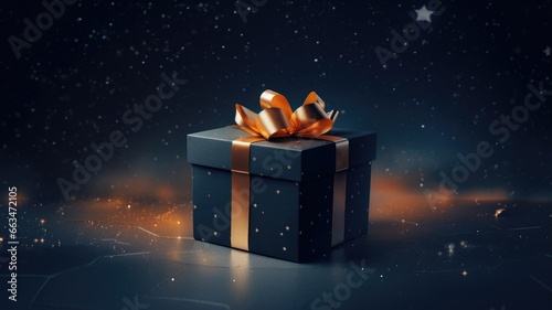 A black gift box with a gold bow