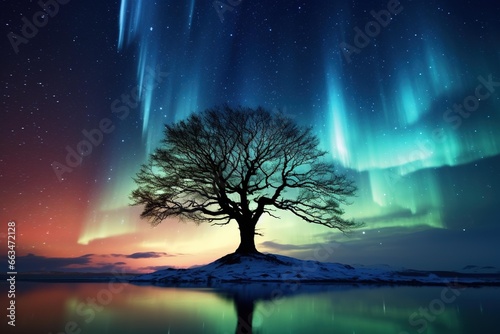 Silhouette of a solitary tree against a backdrop of the Northern Lights