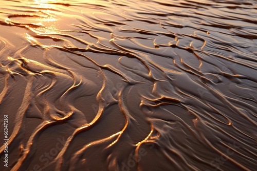 Sand ripples close-up at low tide reflecting the setting sun