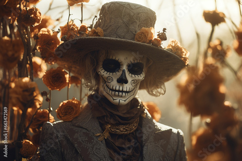 attractive young woman with sugar skull makeup Hispanic children celebrating Dia de los Muertos dia de los muertos of calavera catrina