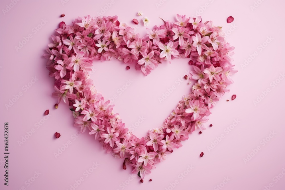 A heart-shaped arrangement of pink flowers on a vibrant pink background