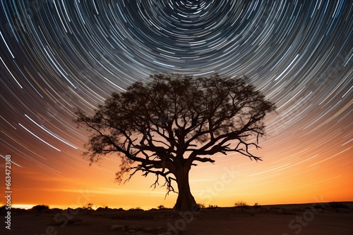 Time-lapse star trails spiraling around a lone tree in a desert