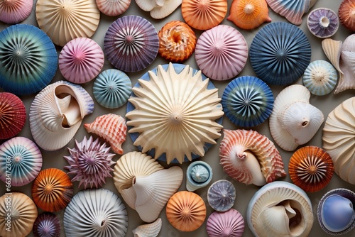 An array of geometrically arranged, multi-colored seashells © Dan