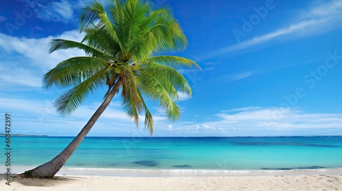  a palm tree on a beach with a blue ocean in the background. generative ai