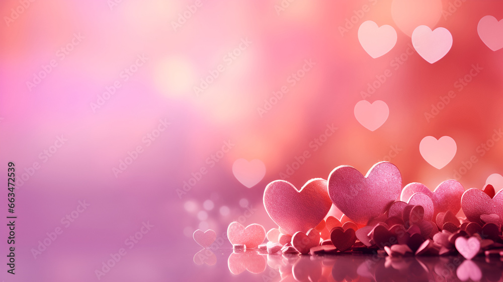 Valentines Day pink background with hearts and bokeh 1