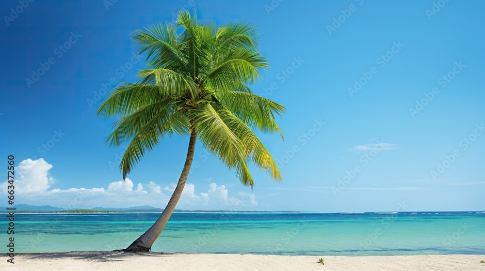  a palm tree on a beach with a blue sky in the background.  generative ai