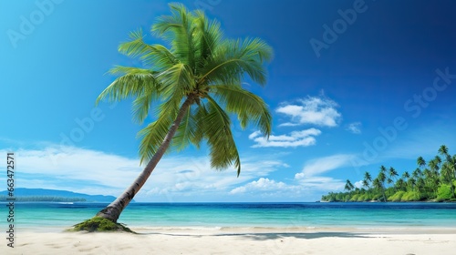  a palm tree on a beach with a blue sky in the background. generative ai