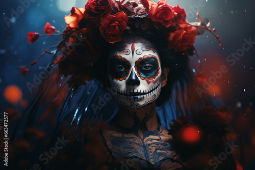 attractive young woman with sugar skull makeup Hispanic children celebrating Dia de los Muertos dia de los muertos of calavera catrina © Zeeshan