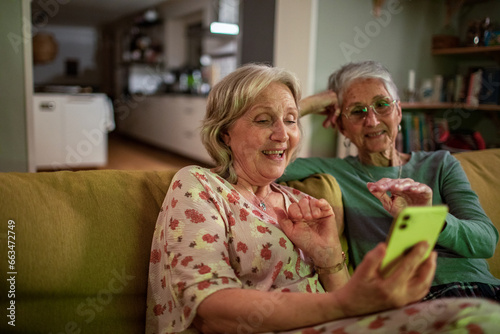 Senior lesbian couple talking to a smartphone video call on the couch at home photo