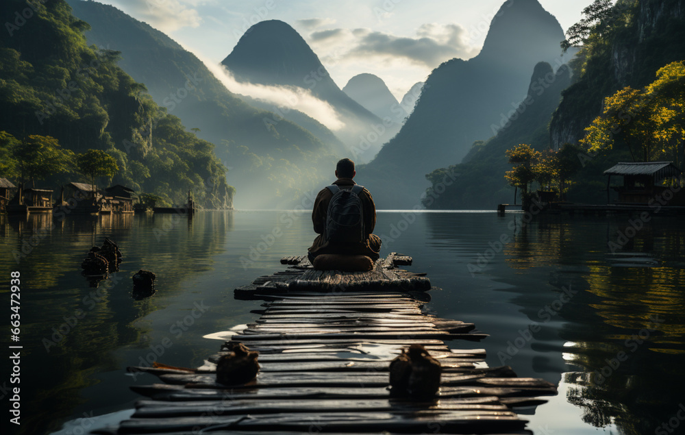 Tranquil Reflections: Man Sitting on Dock, Meditating in Guangxi, China