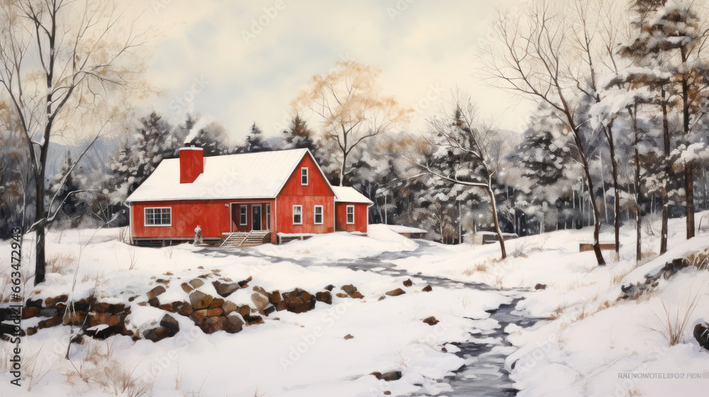 Winter Tale. Red Finnish cottage in a beautiful snow forest.