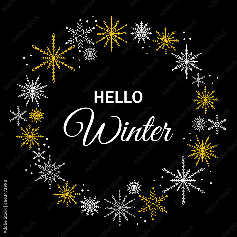Winter greeting card design with hand drawn snowflakes frame. Hello winter. Design for flyer, banner, poster, card, etc. Vector illustration
