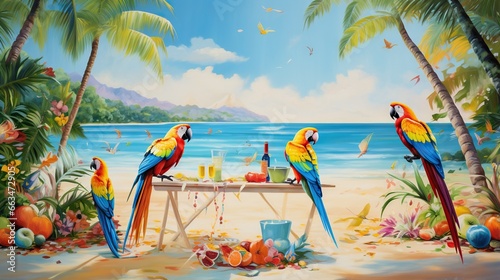  a painting of three parrots sitting at a table on the beach. generative ai