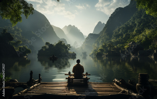 Tranquil Reflections: Man Sitting on Dock, Meditating in Guangxi, China photo