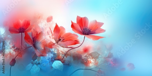 Beautiful abstract red and blue misty morning photo floral design background banner. beautiful Generative AI AIG32