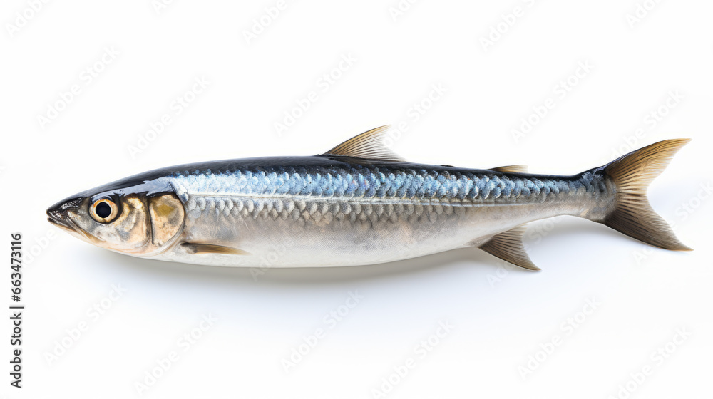 Sardine fish against a clean white backdrop, capturing its silvery scales and sleek profile Sardine fish against a clean white backdrop, capturing its silvery scales and sleek profile