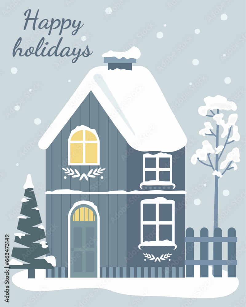 Vector illustration for Christmas. Winter house in Scandinavian style. Christmas card, invitation