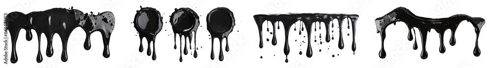 Collection of black paint splashes, falling or pouring with drops and spray droplets, side and top view. Crude oil. Isolated on a transparent background. PNG cutout or clipping path. - obrazy, fototapety, plakaty 