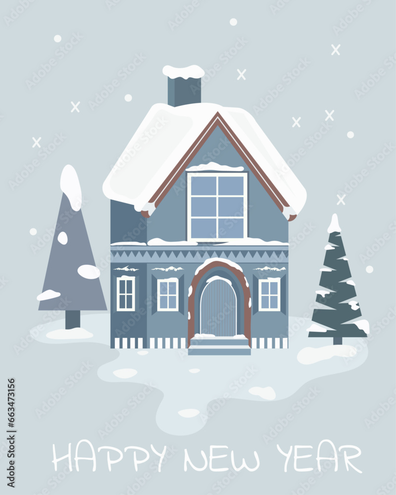 Editable vector illustration for Christmas invitation, card and website banner. Scandinavian style house