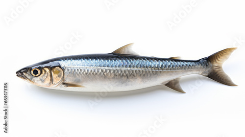 Sardine fish against a clean white backdrop, capturing its silvery scales and sleek profile