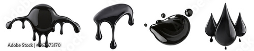 set of black paint or ink oil drops isolated on a transparent background. PNG, cutout, or clipping path.
