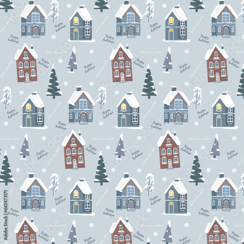 Background seamless pattern with Scandinavian houses. Scandinavian style. © Daria 