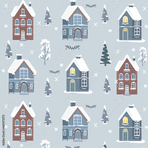 Background seamless pattern with winter houses in Scandinavian style. Christmas pattern.