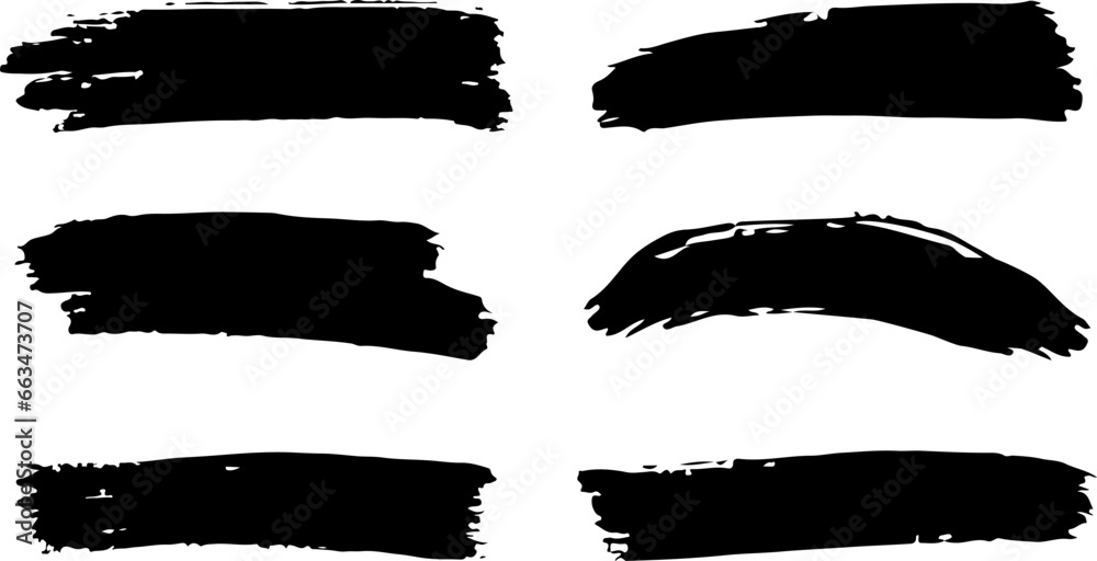 Set of six black grunge banners for your design. Abstract painted background templates. Vector