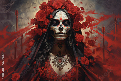 attractive young woman with sugar skull makeup Hispanic children celebrating Dia de los Muertos dia de los muertos of calavera catrina