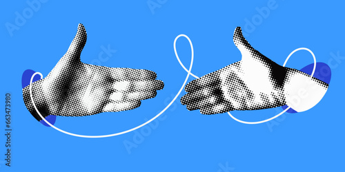 Hands reach out to each other. Handshake. Halftone retro hands. Paper cutout elements. Trendy vintage newspaper parts. Make a deal. Successful agreement. Hands tied with thread. Shaking hands