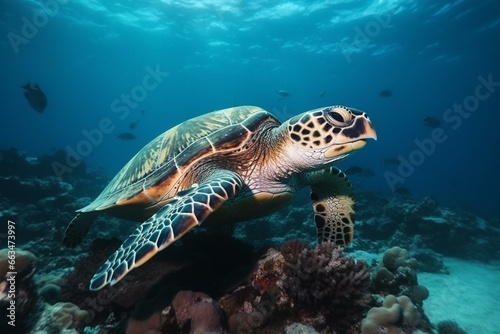 Hawksbill turtle in water, Indian Ocean coral reef in the Maldives. Generative AI © Joseph