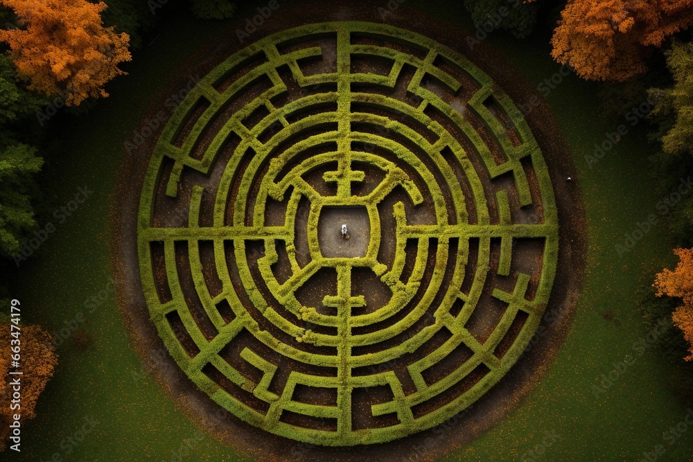 Aerial shot of a labyrinth made from autumn leaves on a green lawn Aerial shot of a labyrinth made from autumn leaves on a green lawn