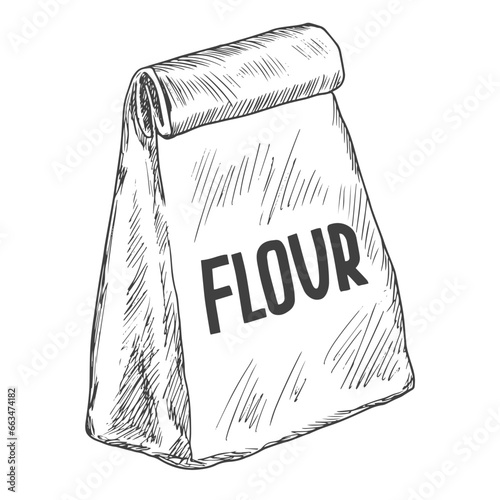Engraving style paper packaging of flour isolated on white background. Sketch style baking ingredient. Hand drawn black and white illustration of flour bag