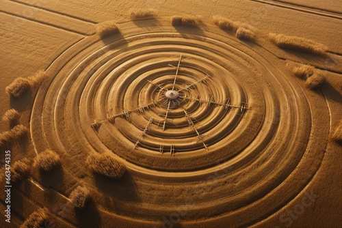 Aerial view of crop circles in a wheat field