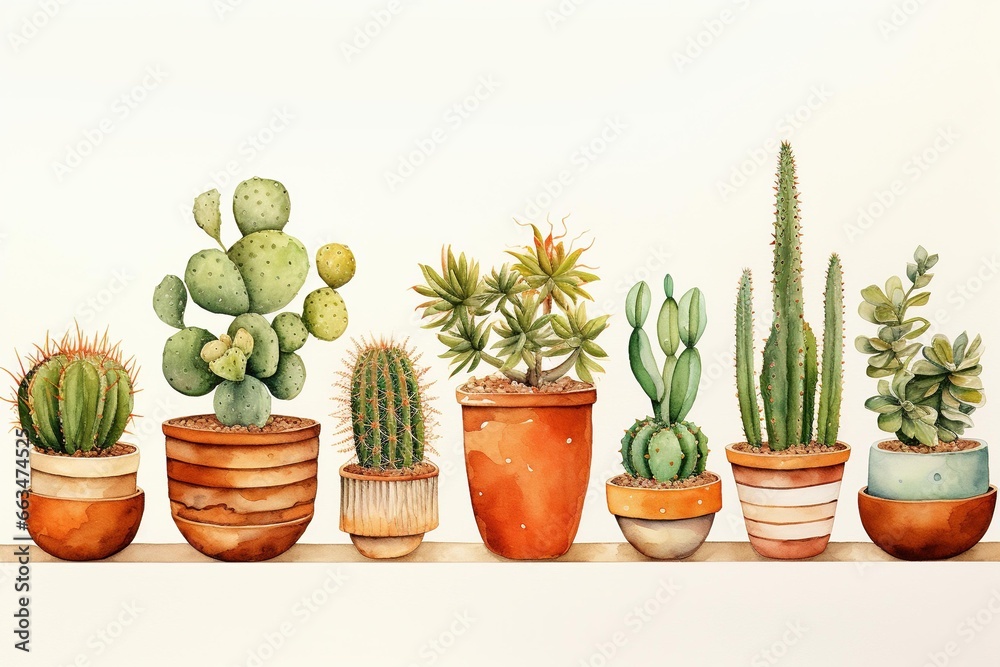 Cacti and succulents in terracotta pots painted in watercolor