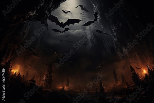 Bats flying out of a dark cave mouth against a twilight sky