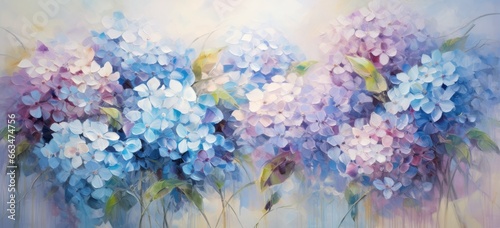 A vibrant floral painting with blue and purple flowers on a clean white background