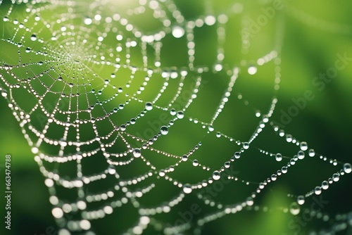 Close-up of a spider web covered in morning dew