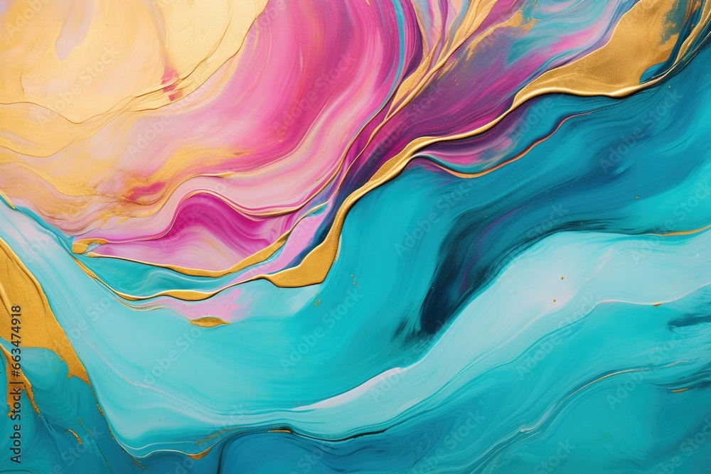 Close-up of oil paint swirls in vibrant hues of turquoise, gold, and magenta