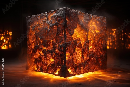 Cube of metal mesh containing glowing embers, shot in low light