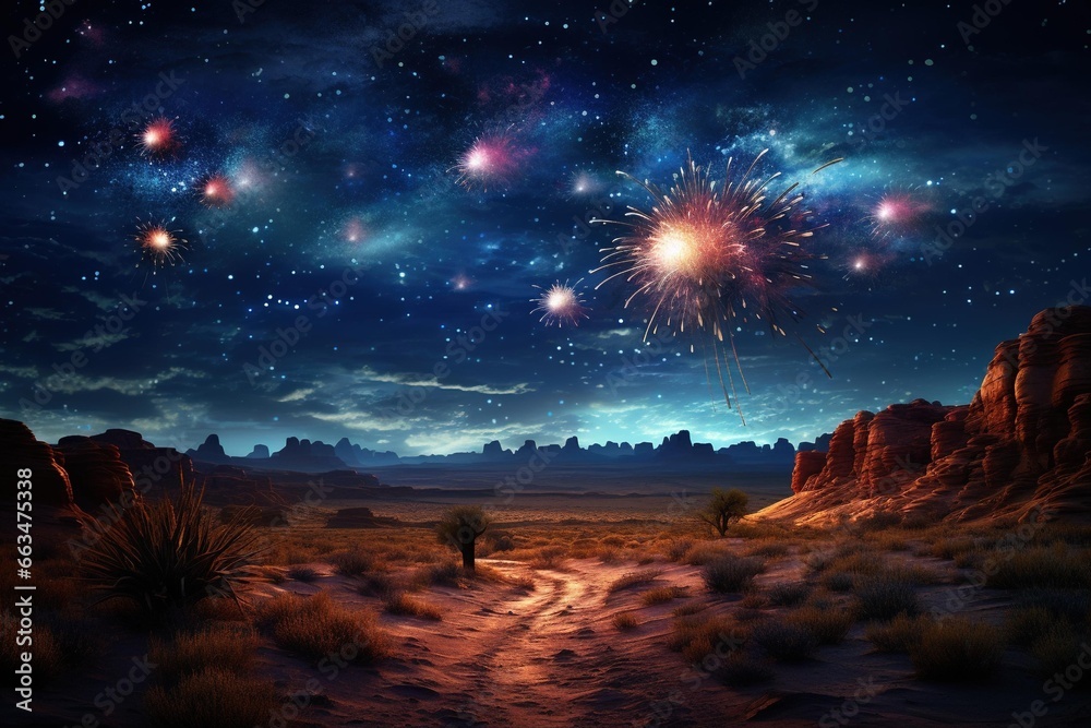 Fireworks creating the effect of a starry sky above a desert