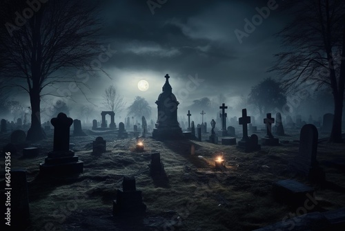 Foggy graveyard with ominous tombstones at twilight